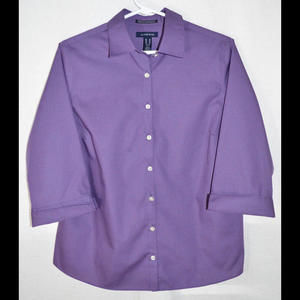 Lands' End Wrinkle Free Blouse Purple 3/4 Sleeves Button Front Women's Petite 10